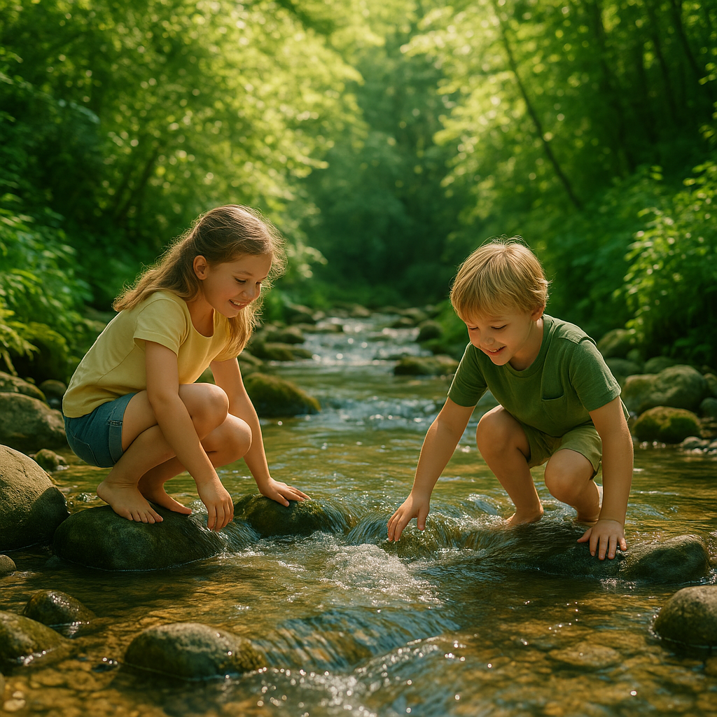 Zwei Kinder spielen im Wasser eines Baches, umgeben von grünem Wald.